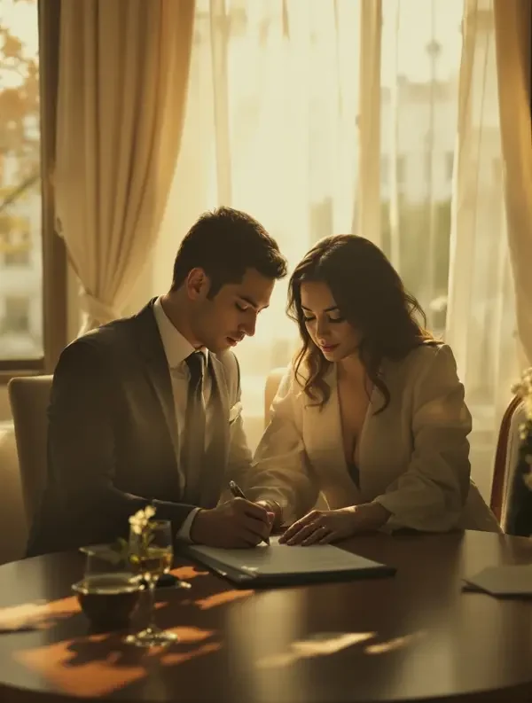 短剧《契约婚约：总裁的隐婚妻》封面海报，甜宠题材，96 集